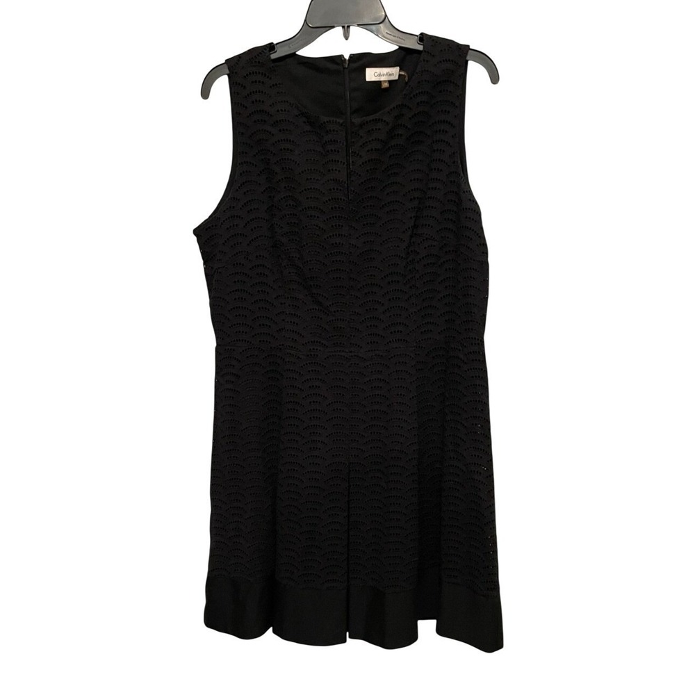 Calvin Klein Womens Black Scalloped Eyelet Lace Sleeveless Fit Flare Dress 14